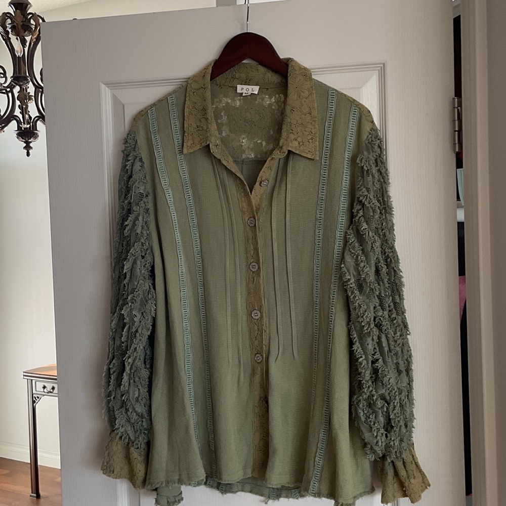 POL Olive Lace Button-Up Top